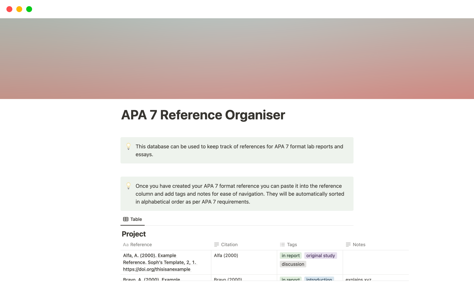 This template is designed to make writing APA 7 format reports and essays easier by organising your references in alphabetical order and allowing you to annotate each one with relevant information