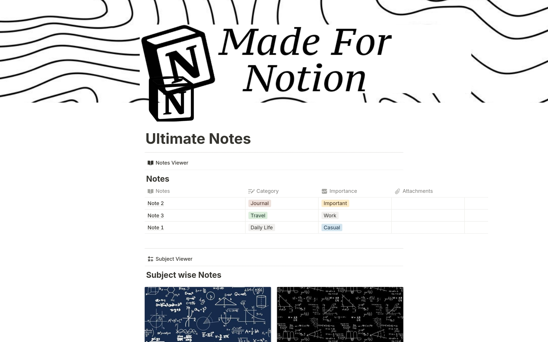 Unleash the power of organization with the Ultimate Notes Notion template! This all-in-one workspace supercharges your note-taking with features like:
 *Rich text & multimedia support
 *Customizable tags & categories
 *Kanban boards for project management
Boost your productivity.