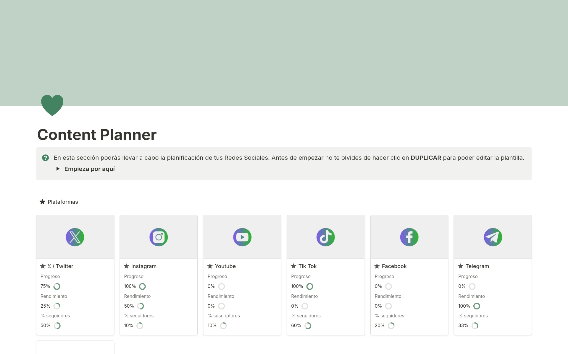 Vista previa de una plantilla para Content Planner - Creación de contenido