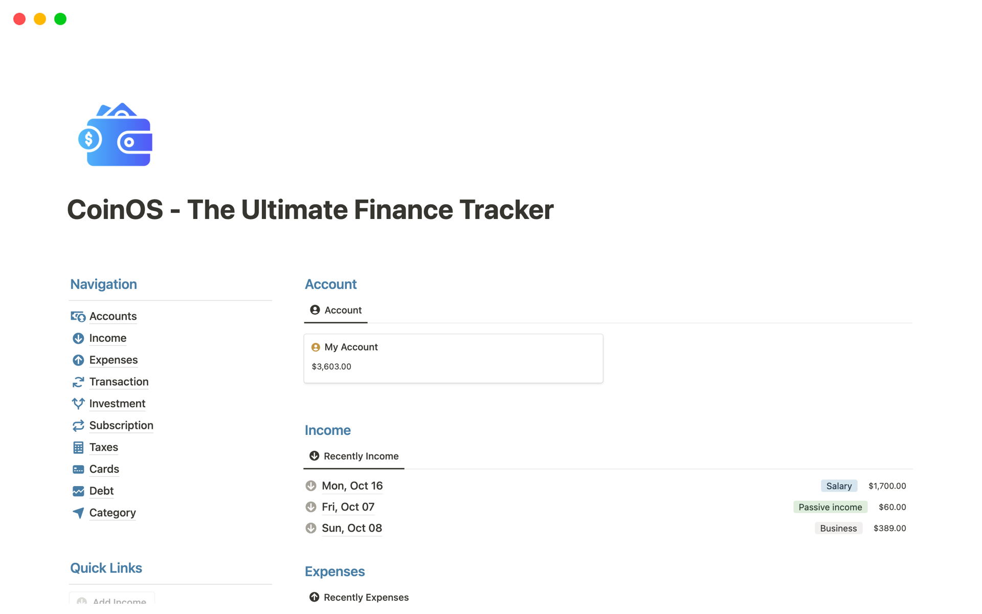 A template preview for CoinOS - The Ultimate Finance Tracker 