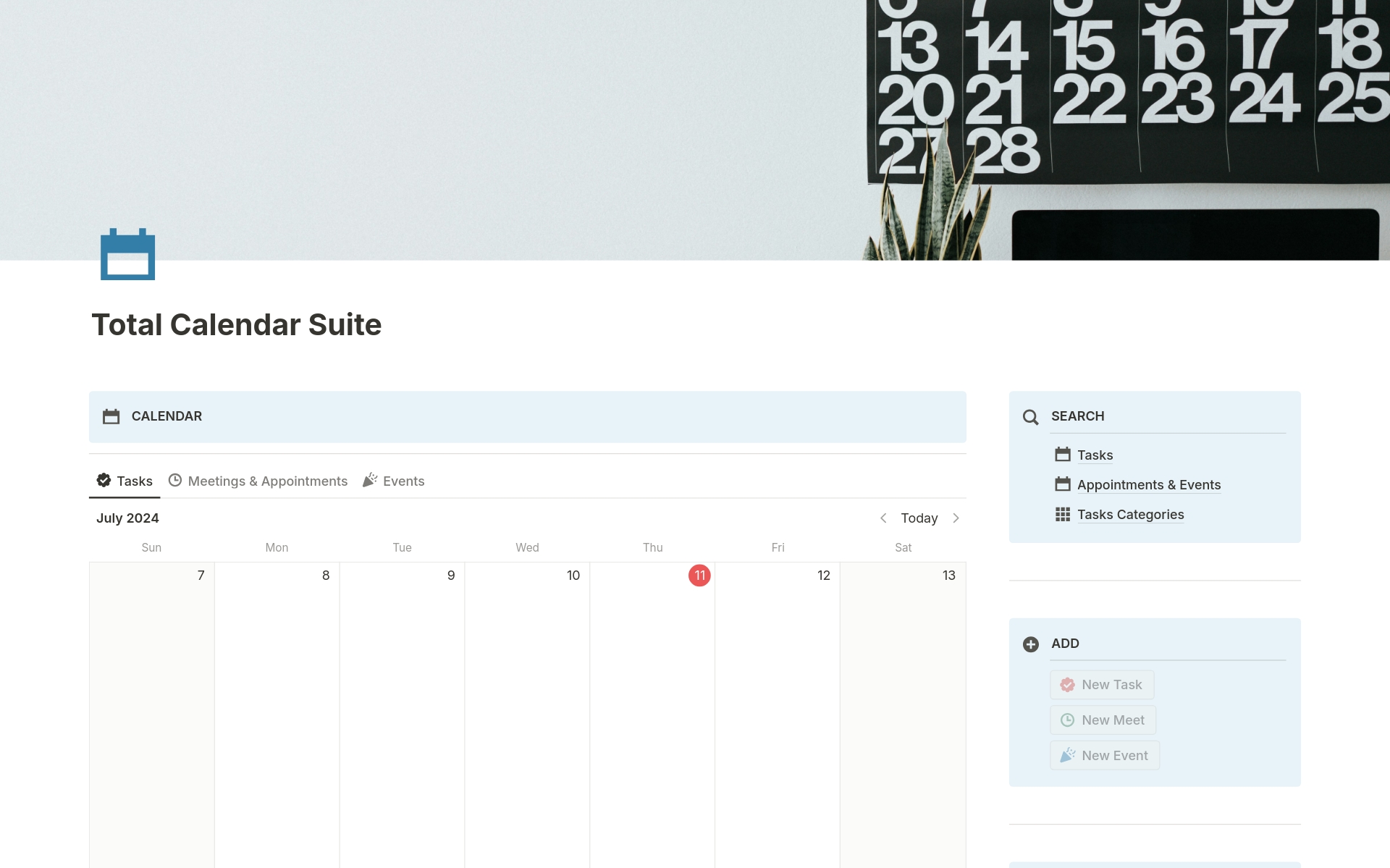 A template preview for Total Calendar Suite | Tasks, Meetings and Events.