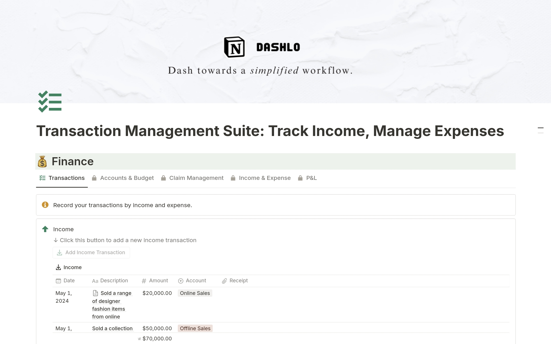 A template preview for Transaction Management Suite