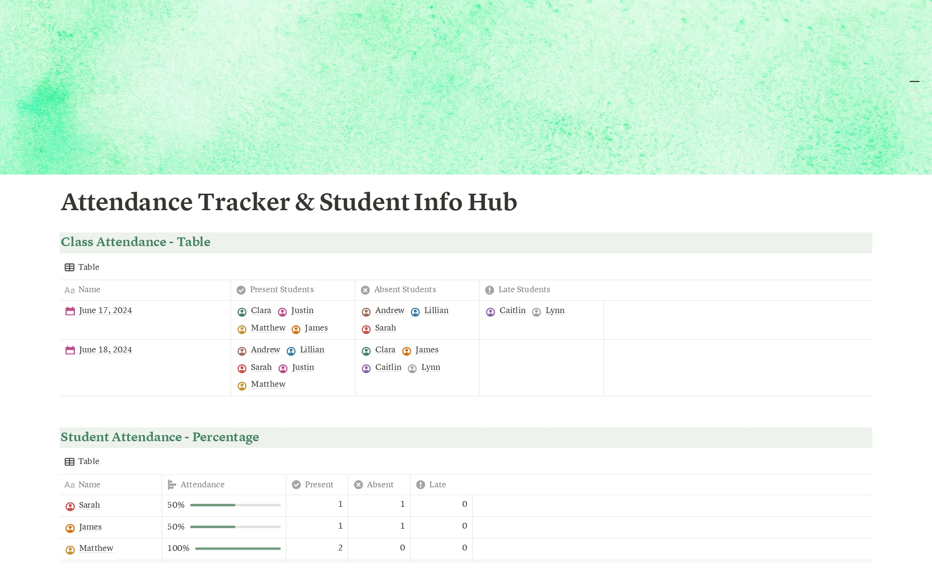 Vista previa de una plantilla para Attendance Tracker & Student Info Hub For Teachers