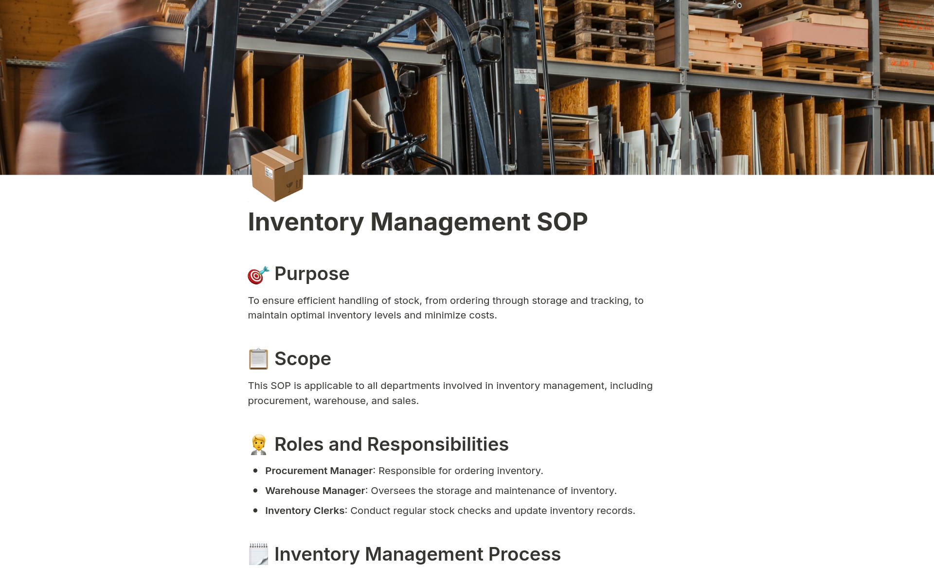 Efficiently manage your inventory with this SOP template, ensuring optimal stock levels and cost minimization across departments.