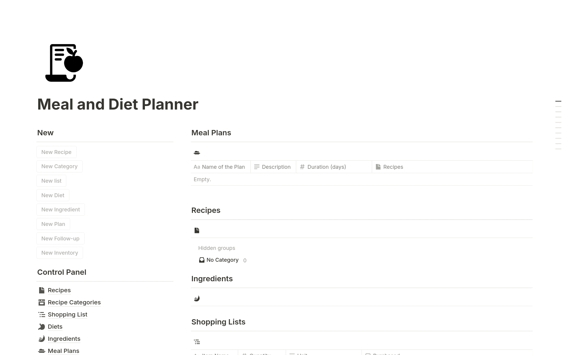 Meal and Diet Plannerのテンプレートのプレビュー