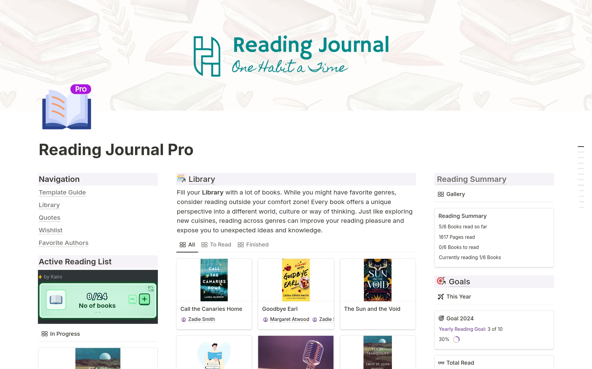 The Reading Journal Pro Template is designed for avid readers who want to take their reading experience to the next level. With advanced features like a comprehensive library, detailed summaries, reading goals and interactive challenges, this template ensures you stay organized, 