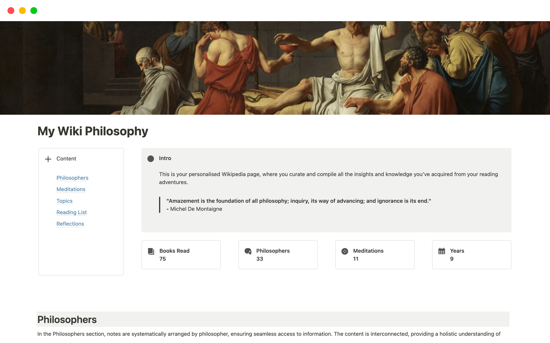 Dive into a curated philosophical journey with the "My Wiki Philosophy" Notion template, encompassing 9 years of study, insights from 33 philosophers, and reflections from 75 pivotal reads.