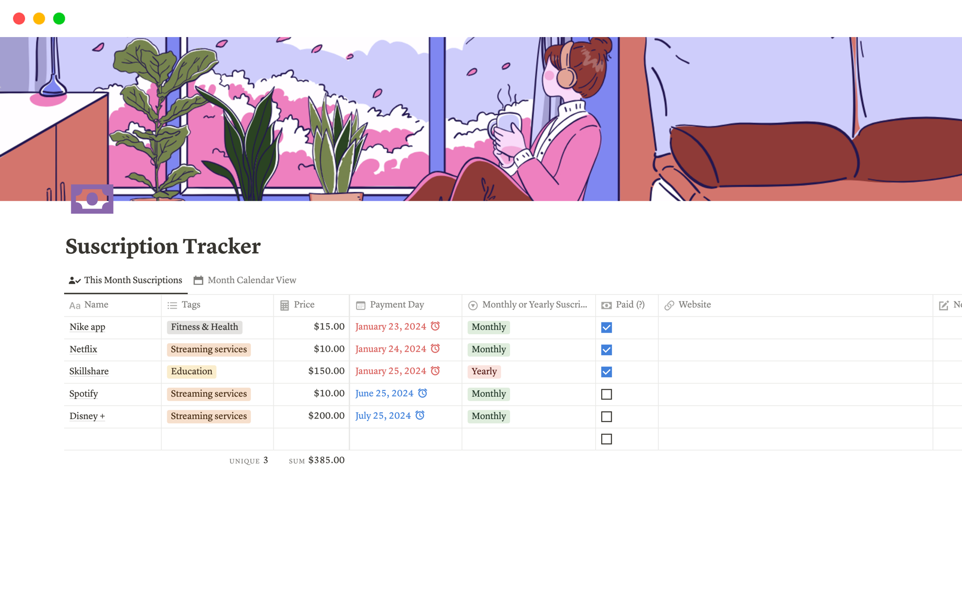 A template preview for Minimal Subscription Tracker