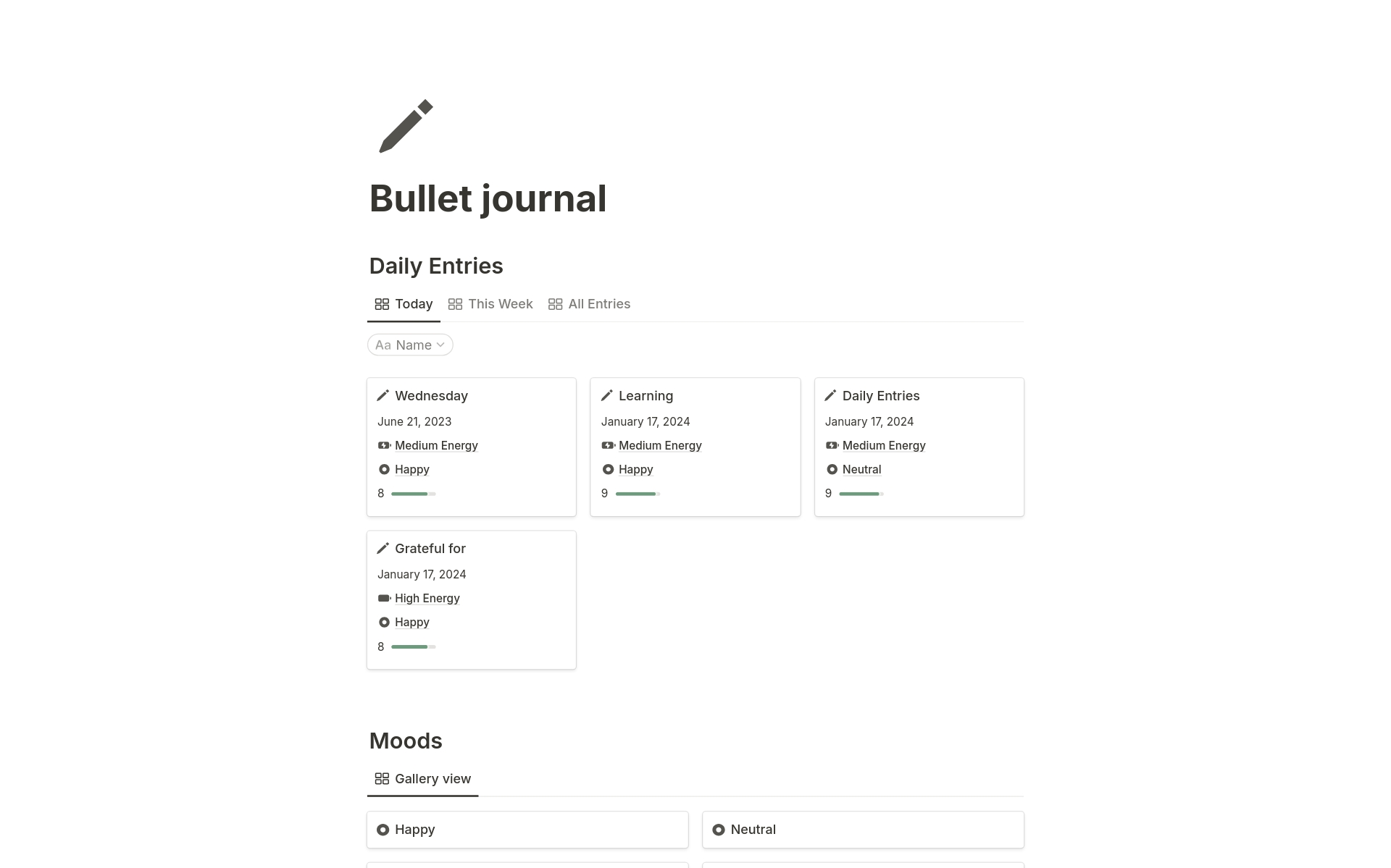 En forhåndsvisning av mal for Bullet Journal 