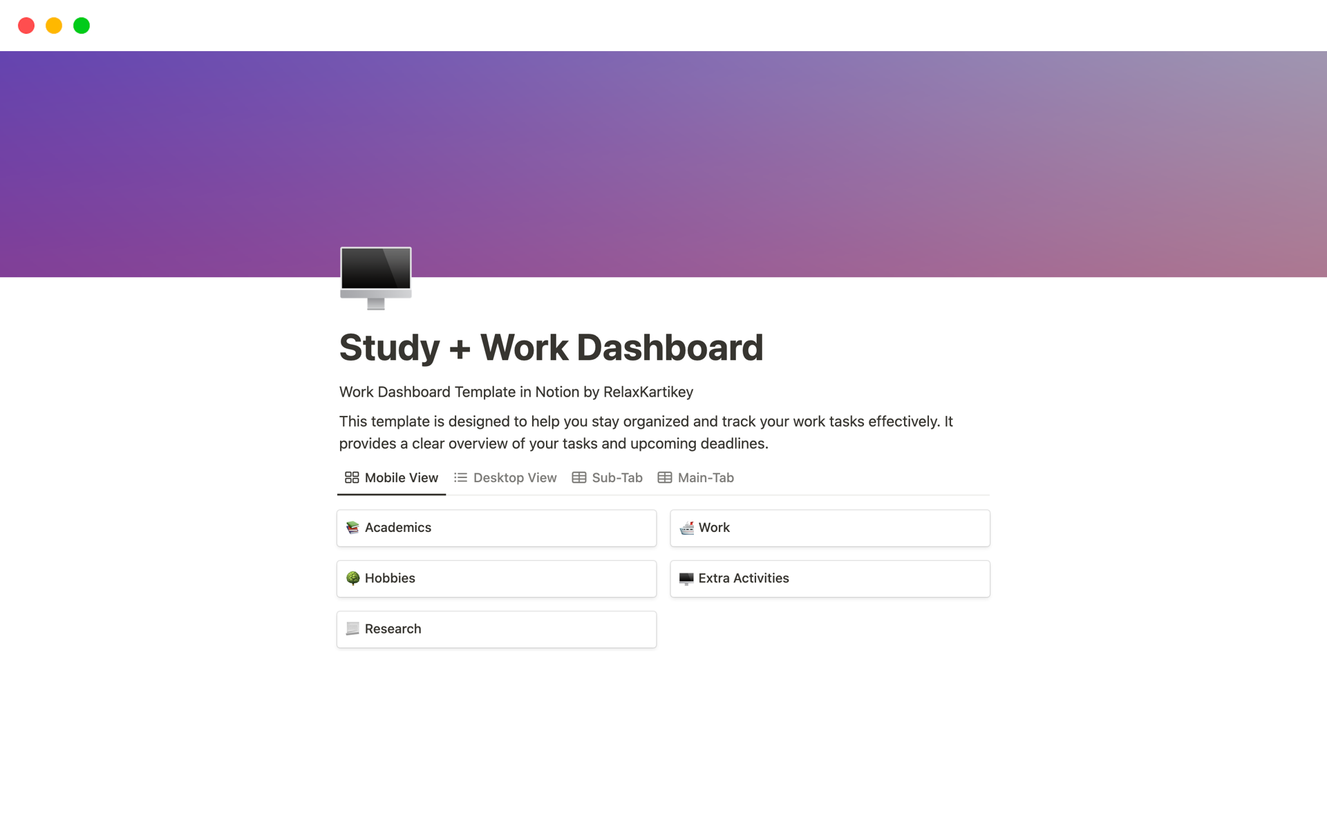 A Work Dashboard for Study and Work Management. It Includes, Task, Progess Percent, other Properties, etc