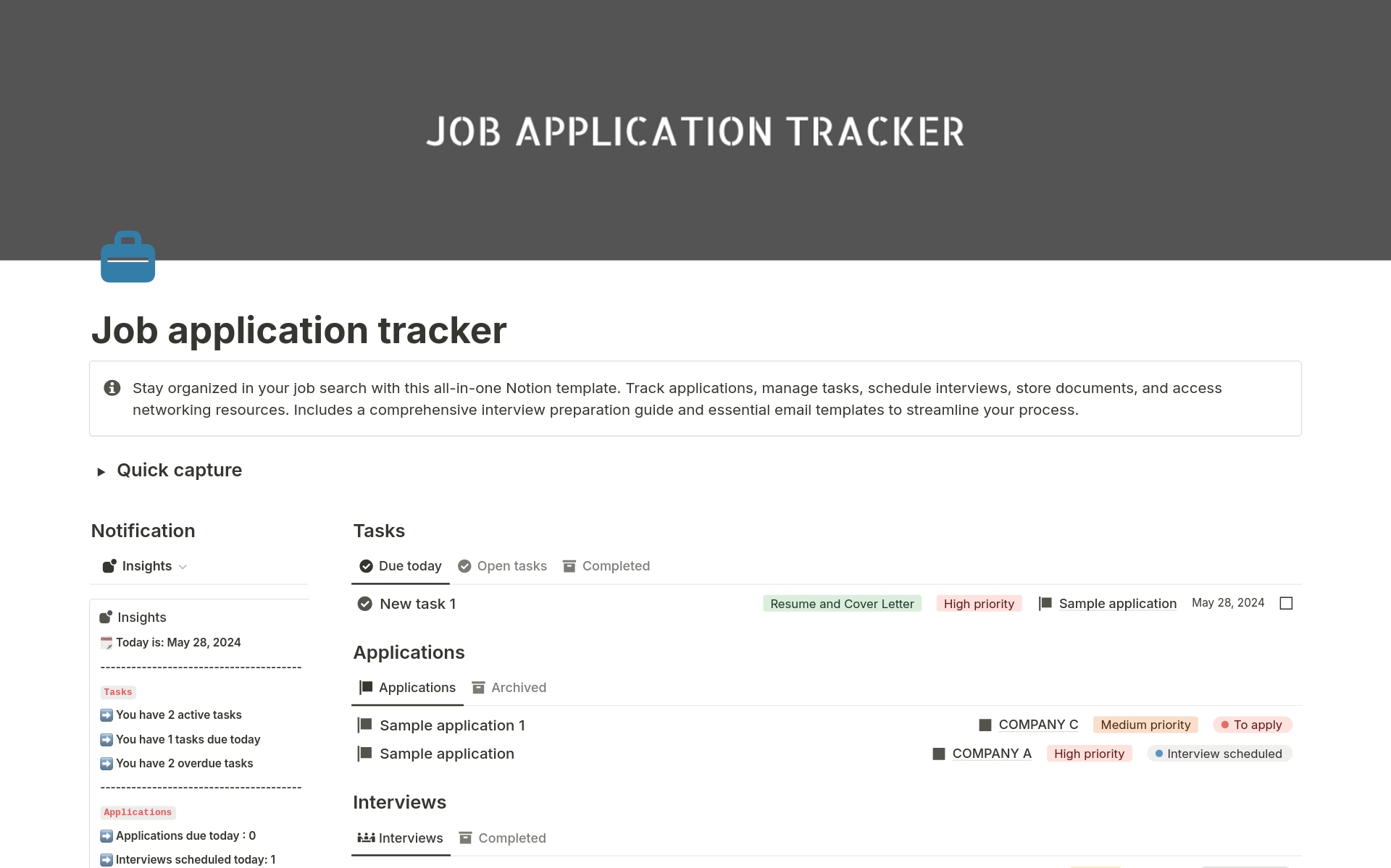 Stay organized in your job search with this all-in-one Notion template. Track applications, manage tasks, schedule interviews, store documents, and access networking resources. Includes a comprehensive interview preparation guide and essential email templates as well.