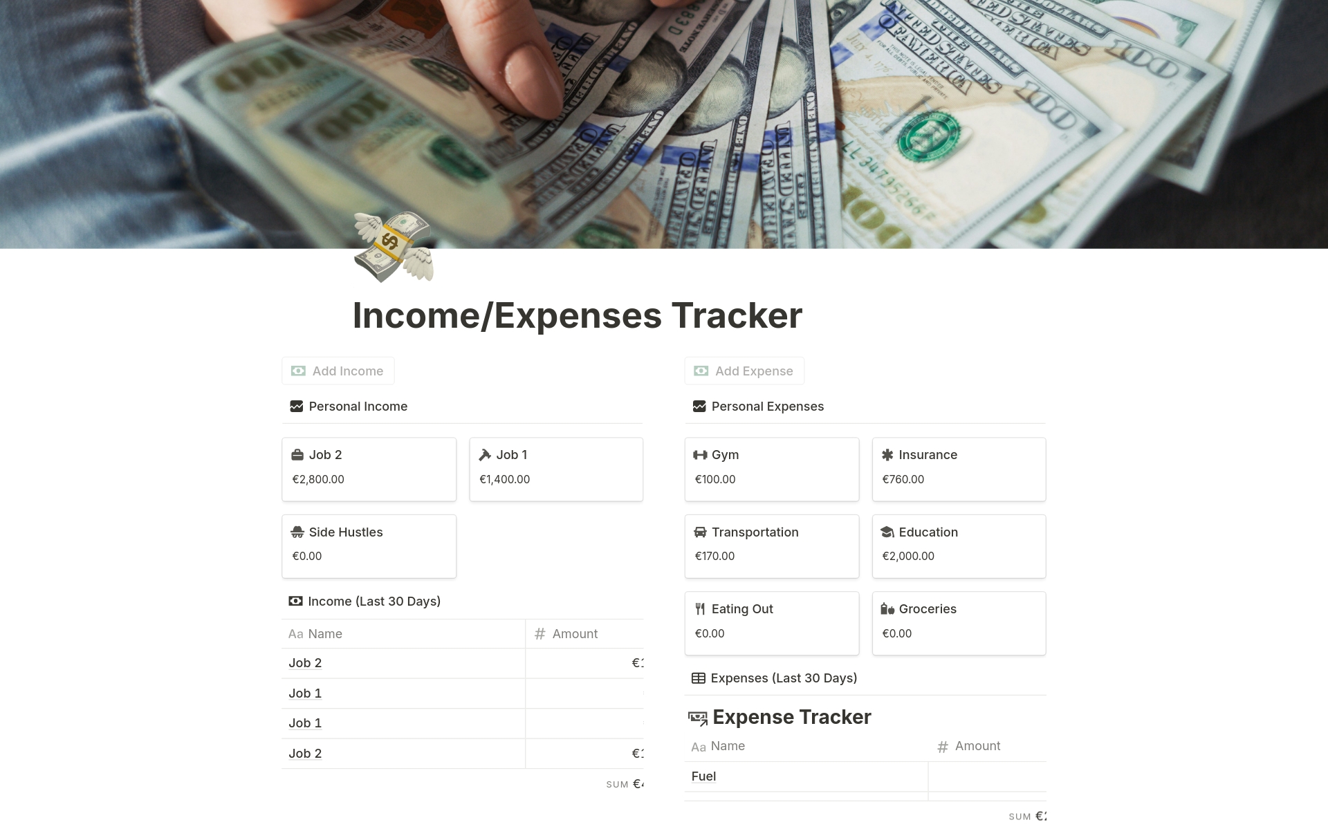 Uma prévia do modelo para Income/Expenses Tracker