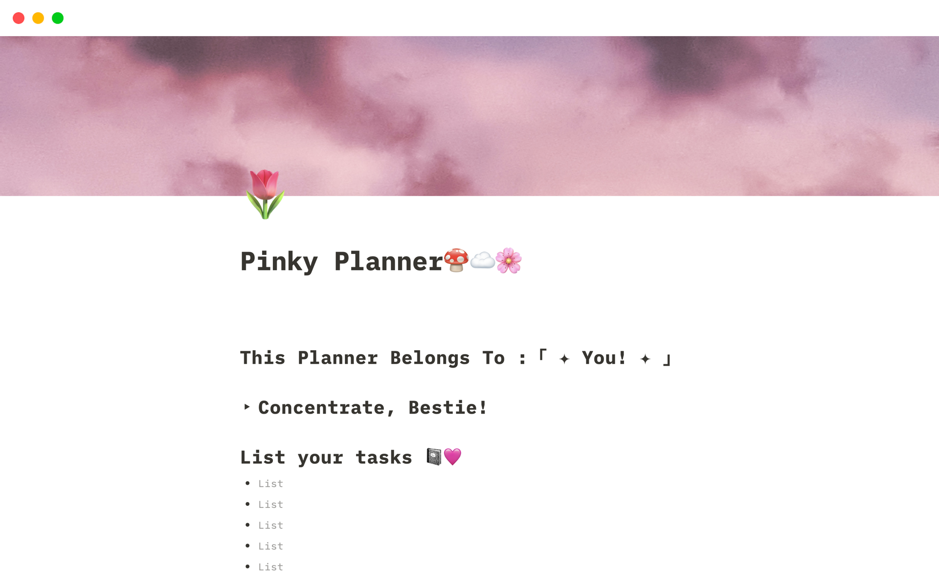 En förhandsgranskning av mallen för Pinky Planner