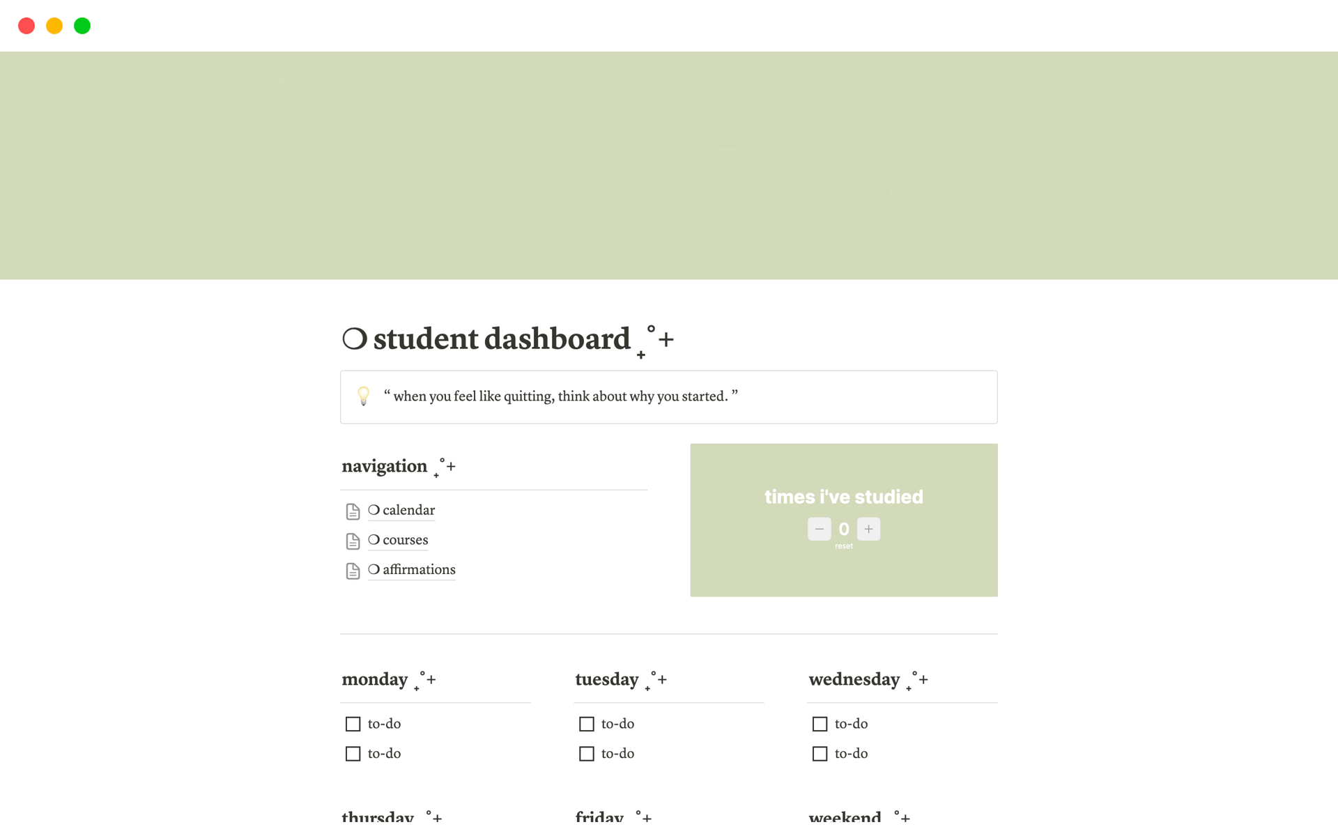 Vista previa de una plantilla para student dashboard