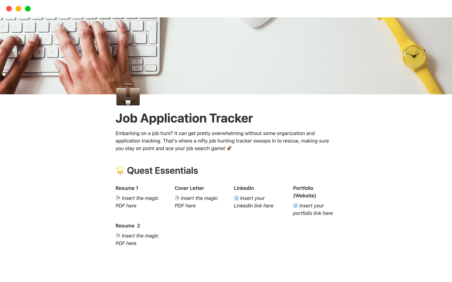 En förhandsgranskning av mallen för Job Application Tracker 