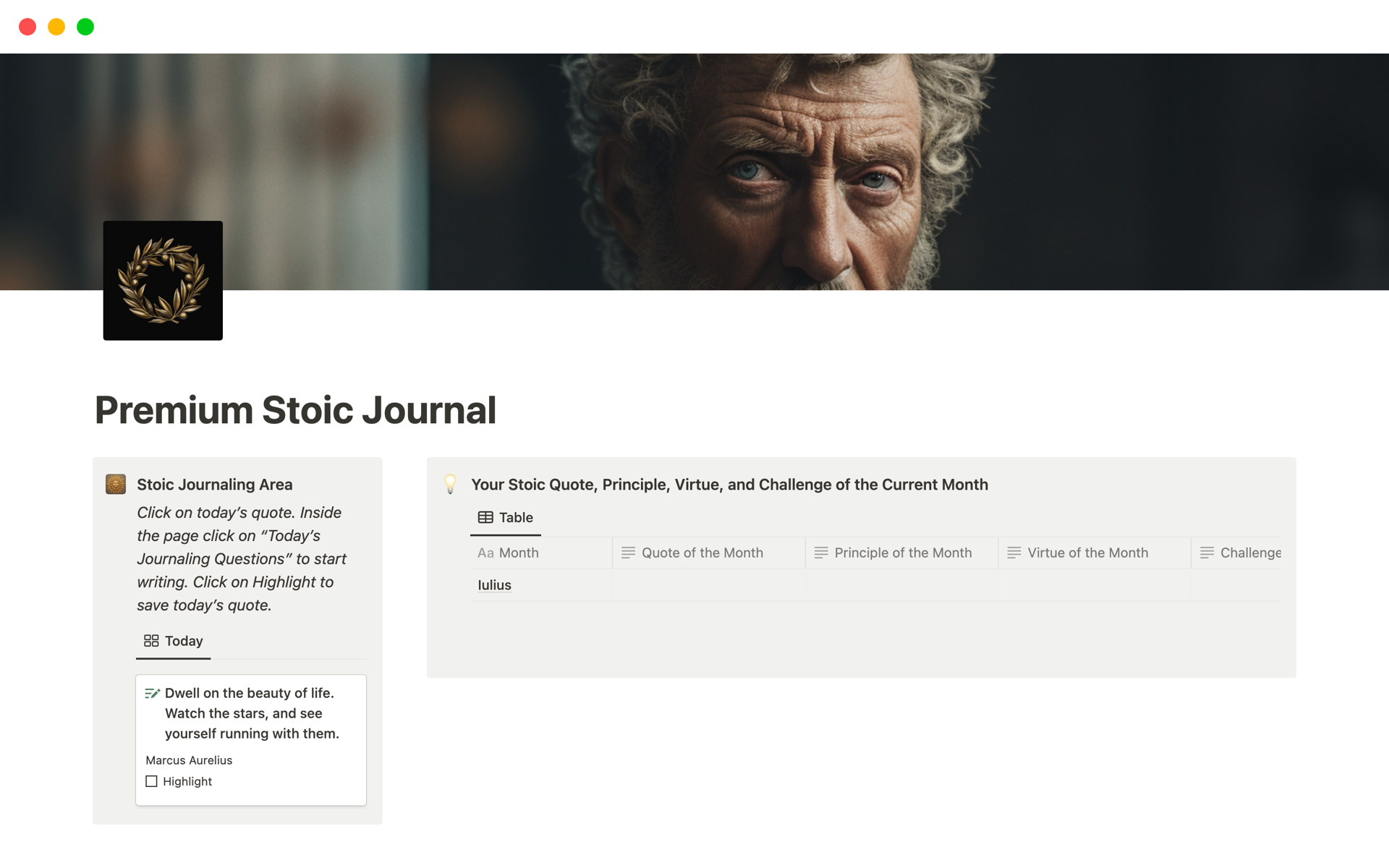 En forhåndsvisning av mal for Premium Stoic Journal