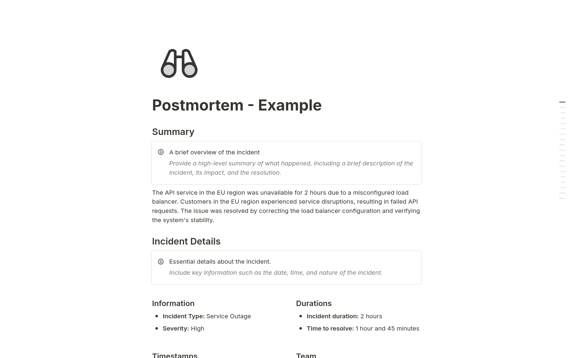 Postmortem Notion Template: This comprehensive template streamlines your incident analysis. It captures every detail, improves team efficiency, and prevents future incidents. Perfect for developers, CTOs, and technical leaders in startups, it optimizes your workflow now!