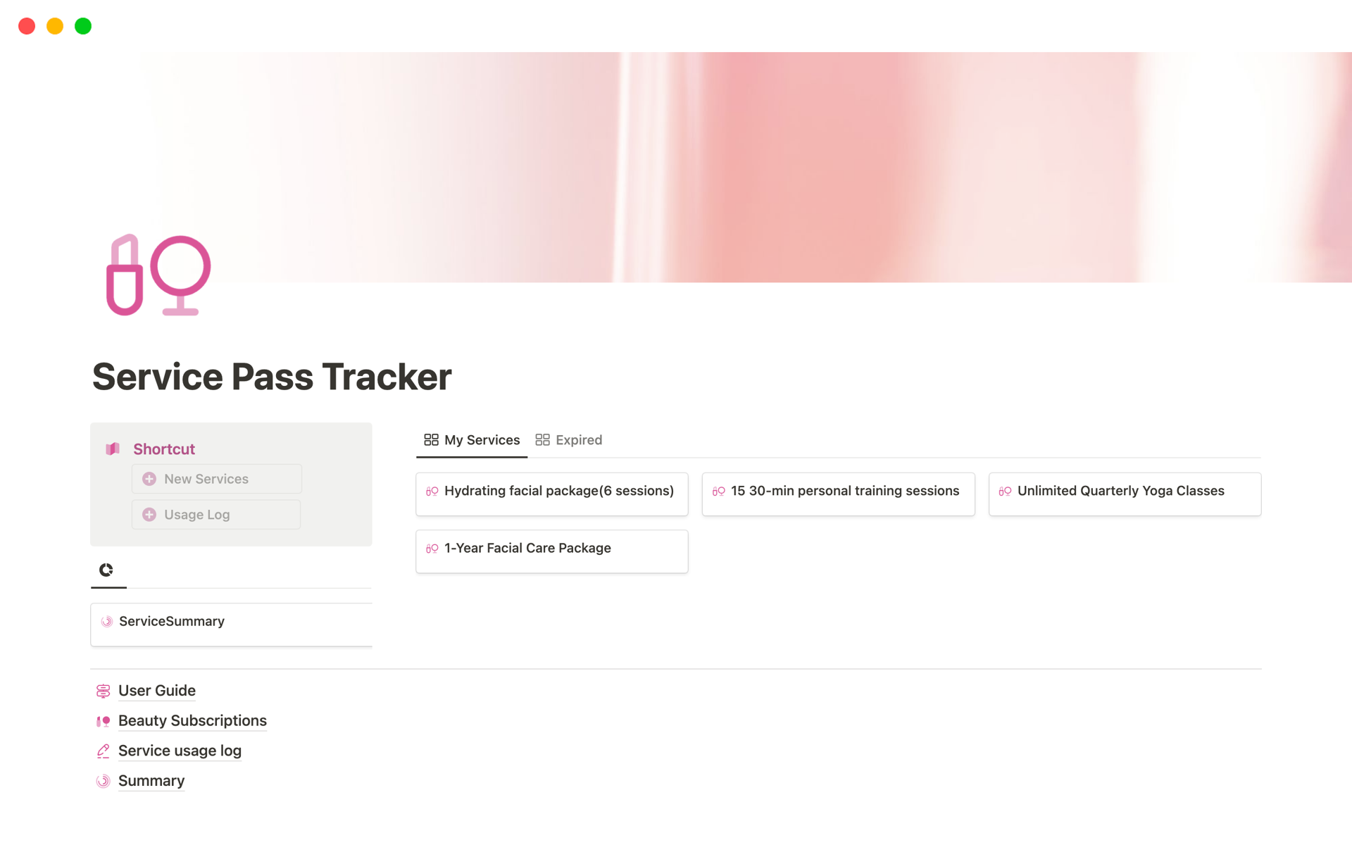 Unexpired prepaid service cards piling up unused? Struggling to track purchased sessions for beauty, fitness, healthcare? This Notion Service Pass Tracker takes control - designed for busy users to easily log and access usage metrics and expiration.