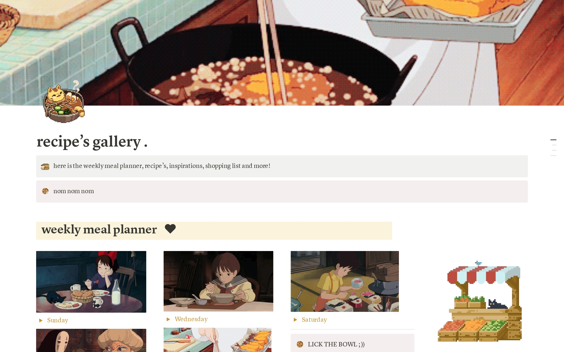En forhåndsvisning av mal for Studio Ghibli themed recipe's gallery 🍜