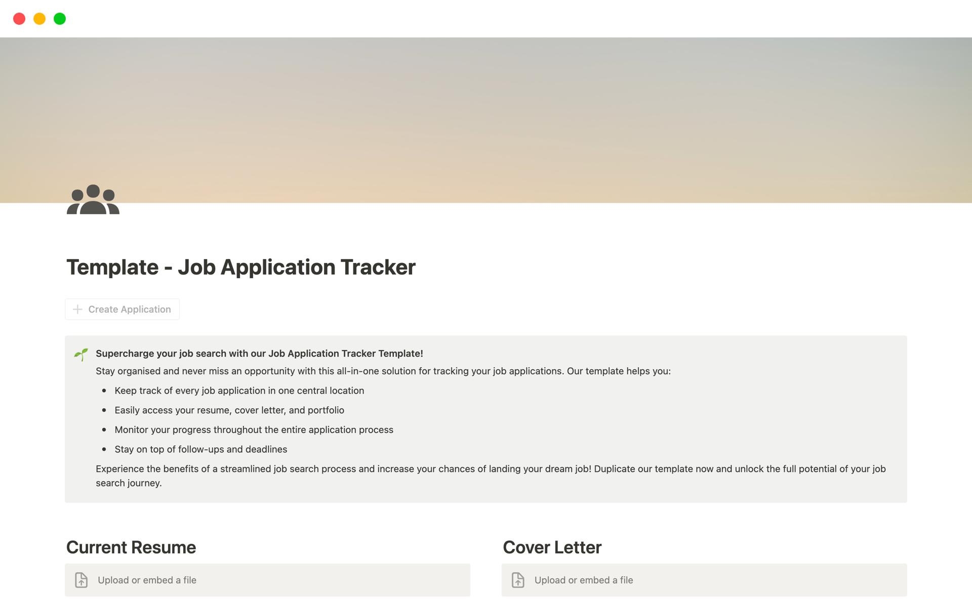 En forhåndsvisning av mal for Job Application Tracker