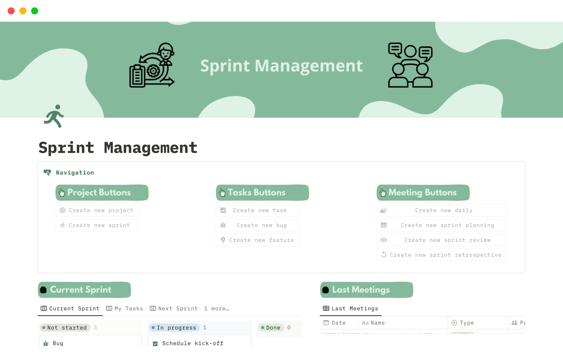 En förhandsgranskning av mallen för Simple Sprint Management