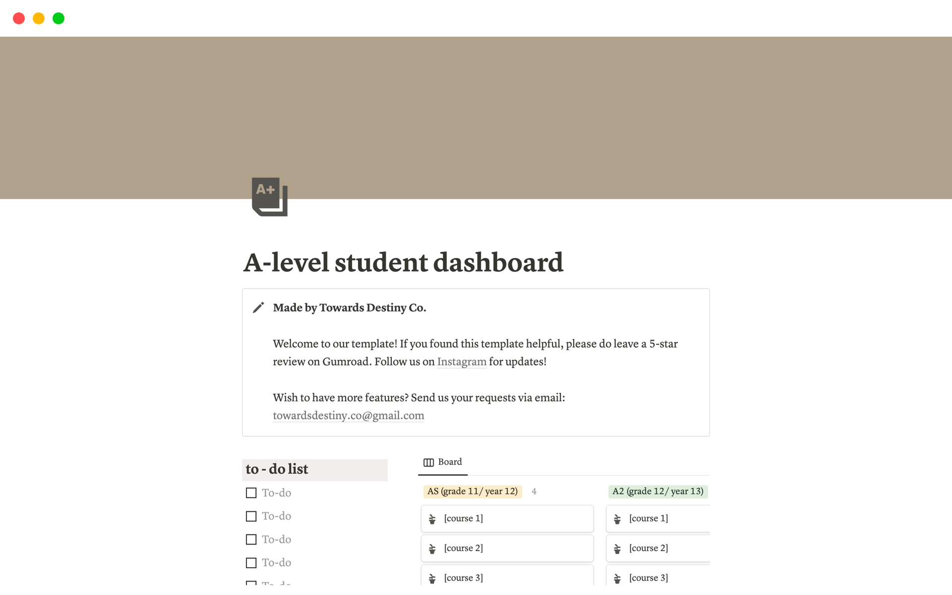 En forhåndsvisning av mal for A-level student dashboard