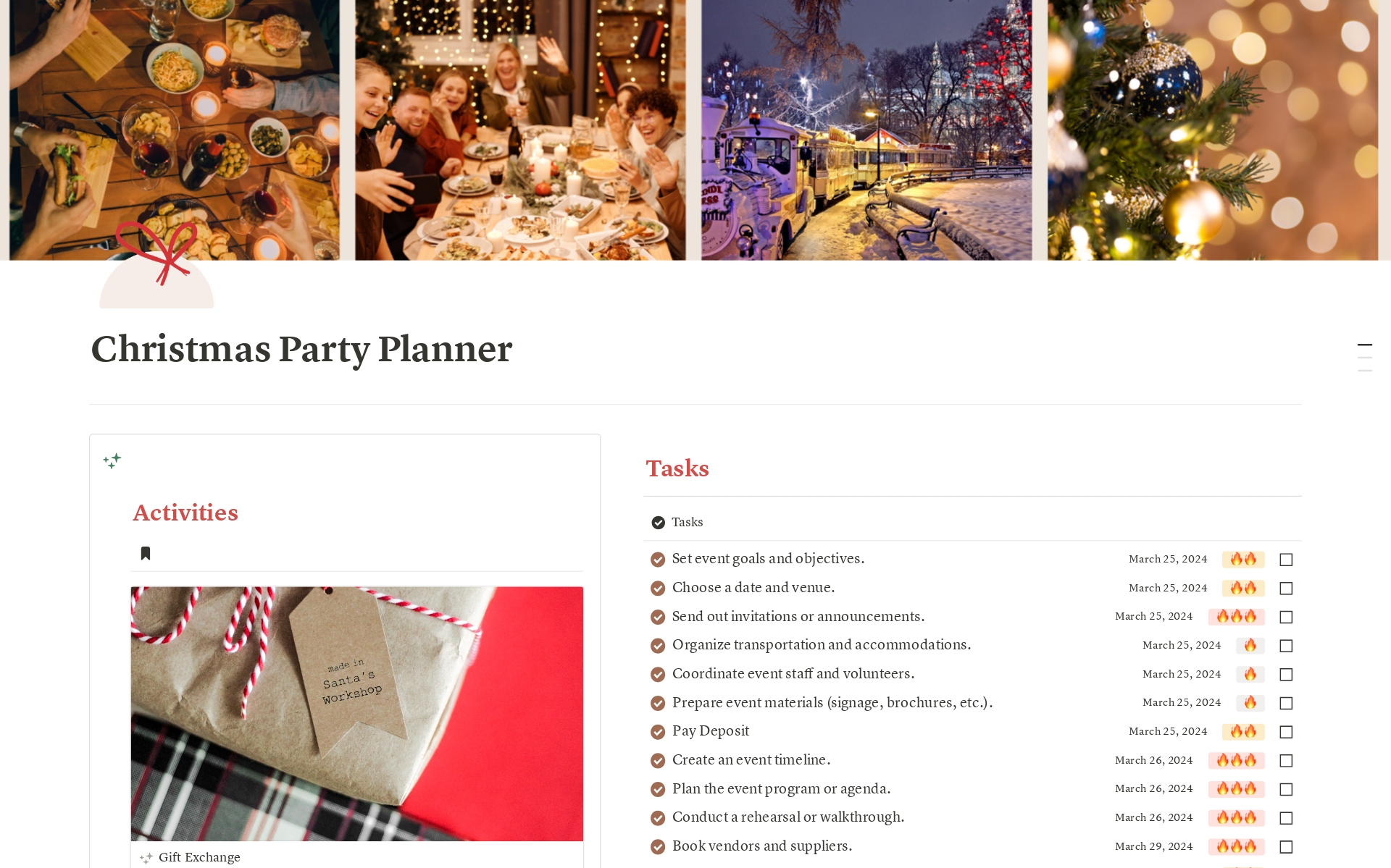 Perfect for organizing any holiday celebration with ease, this Christmas Party event planner includes tracking for guests, tasks, supplies, gifts, and notepad as the countdown nears.
