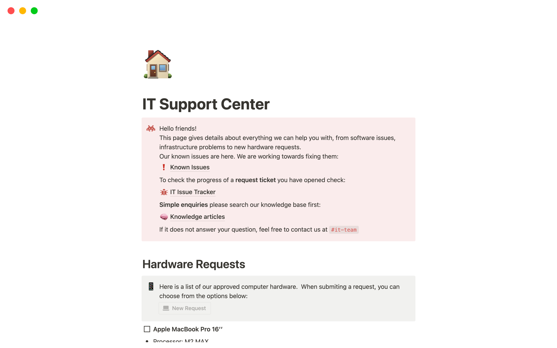 En förhandsgranskning av mallen för IT Support Center & Issue Tracker