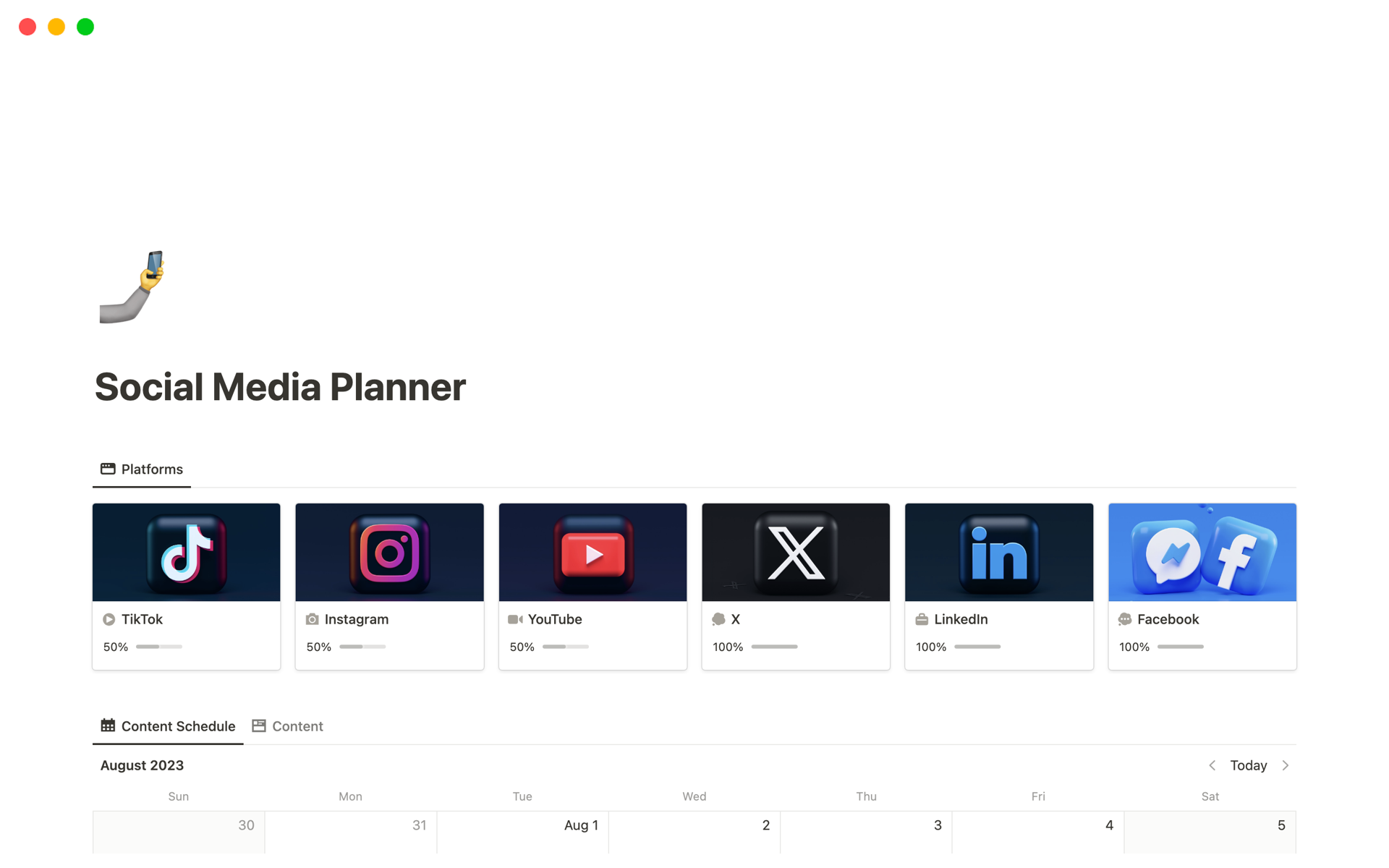 En forhåndsvisning av mal for Social Media Multi-Platform Content Planner