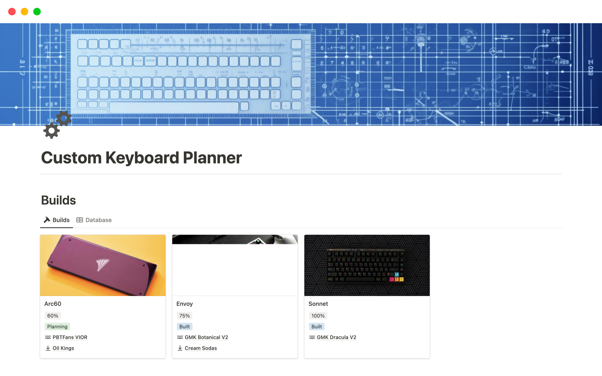 Vista previa de una plantilla para Custom Keyboard Planner