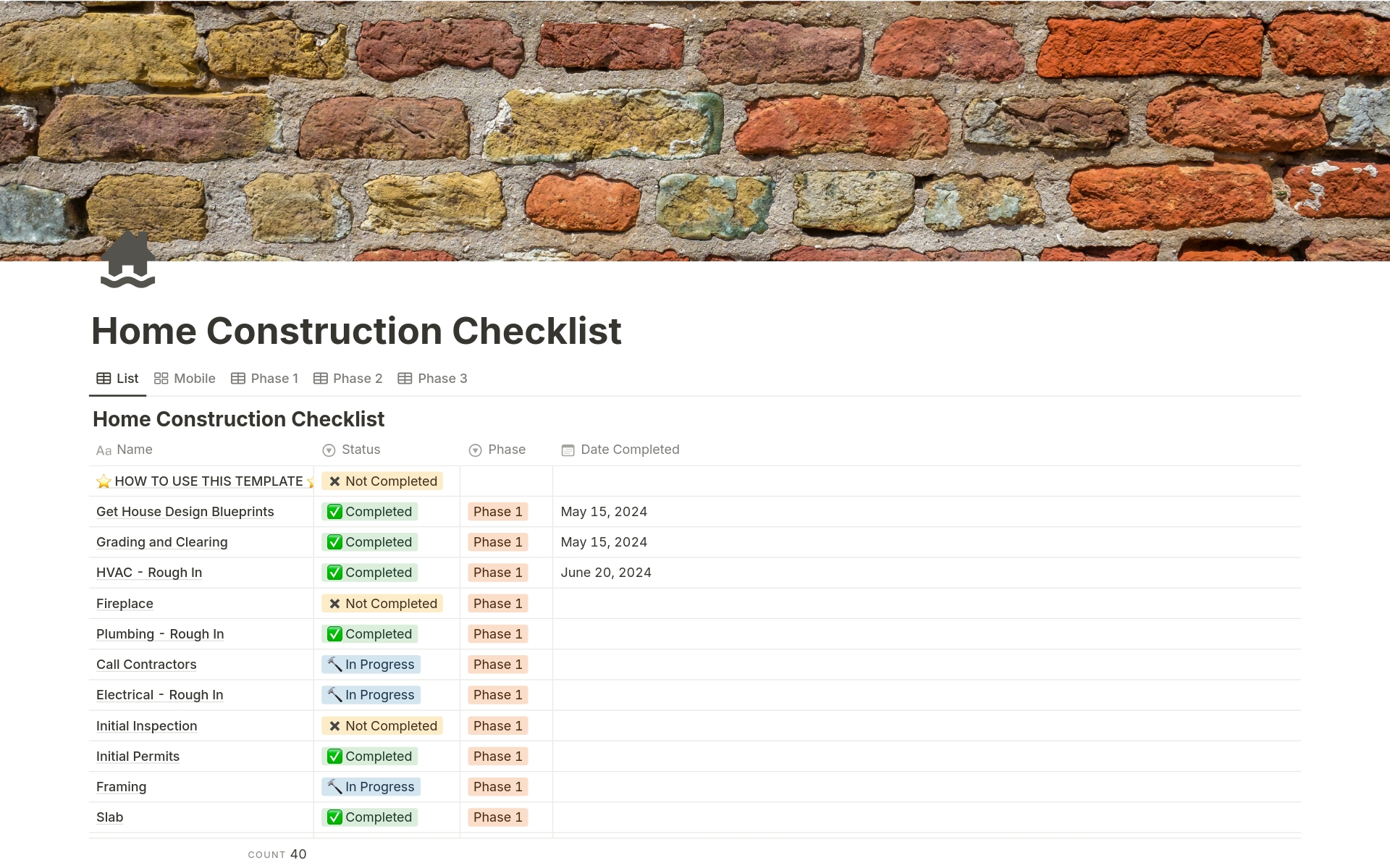 En forhåndsvisning av mal for Home Construction Task Checklist 
