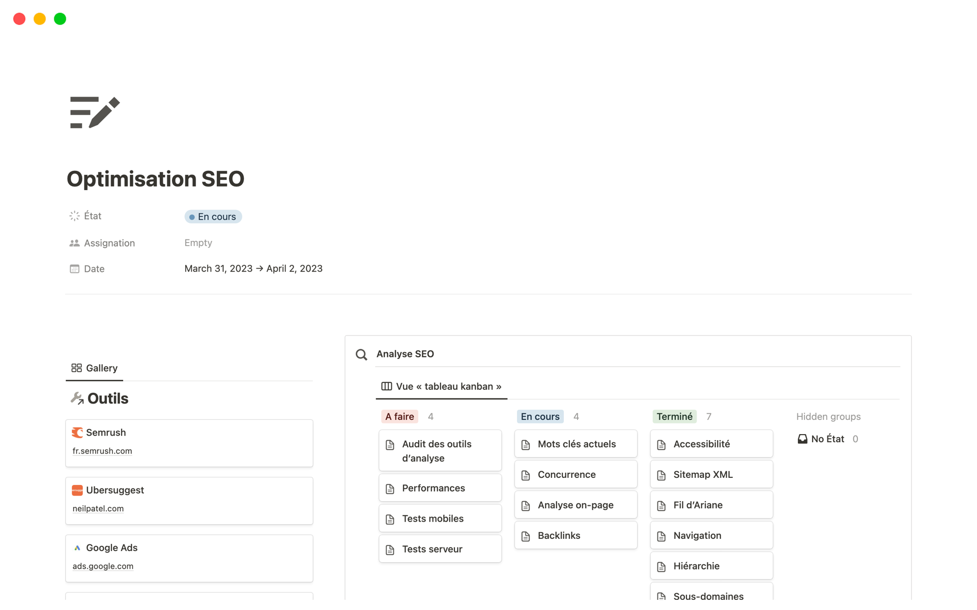 A template preview for Optimisation SEO