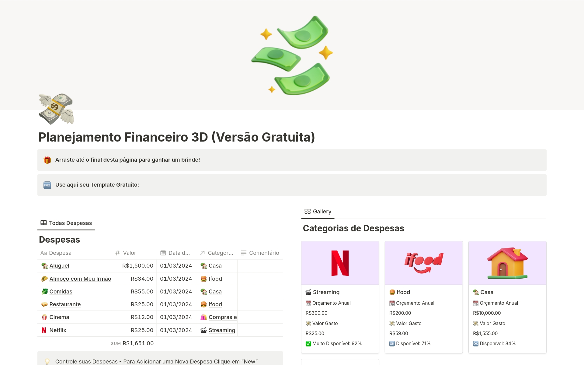 En förhandsgranskning av mallen för Painel de Planejamento Financeiro (Gratuito)