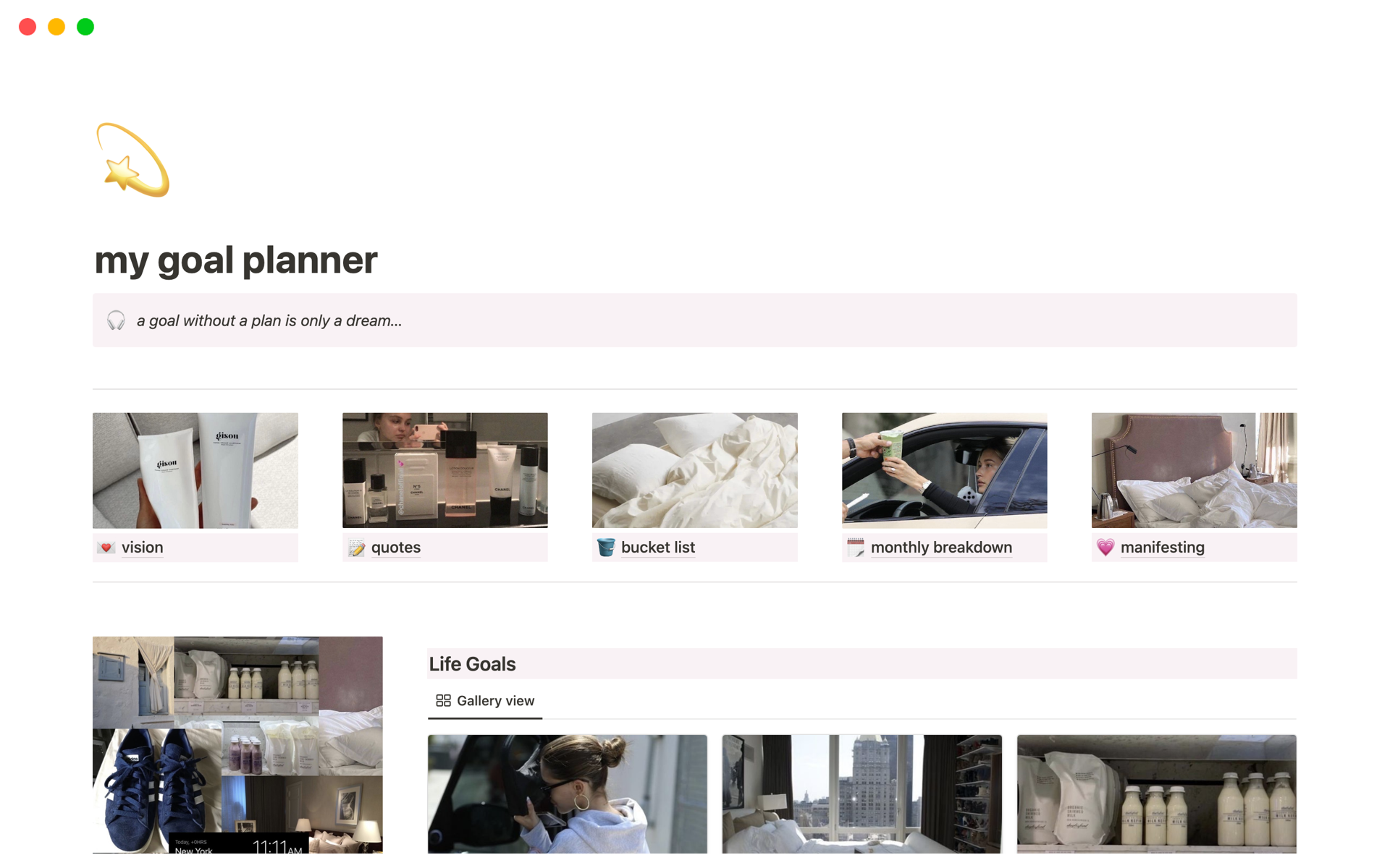A template preview for Aesthetic Clean Girl Life Goal Planner