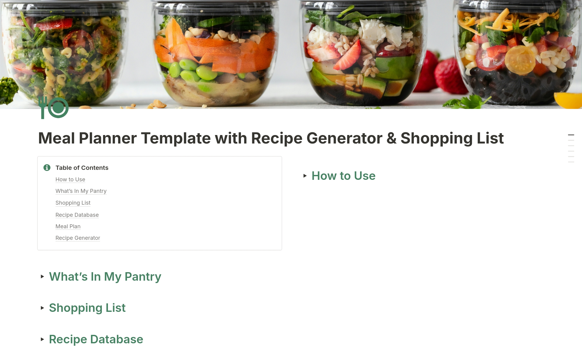 En förhandsgranskning av mallen för Meal Planner with Recipe Generator & Shopping List