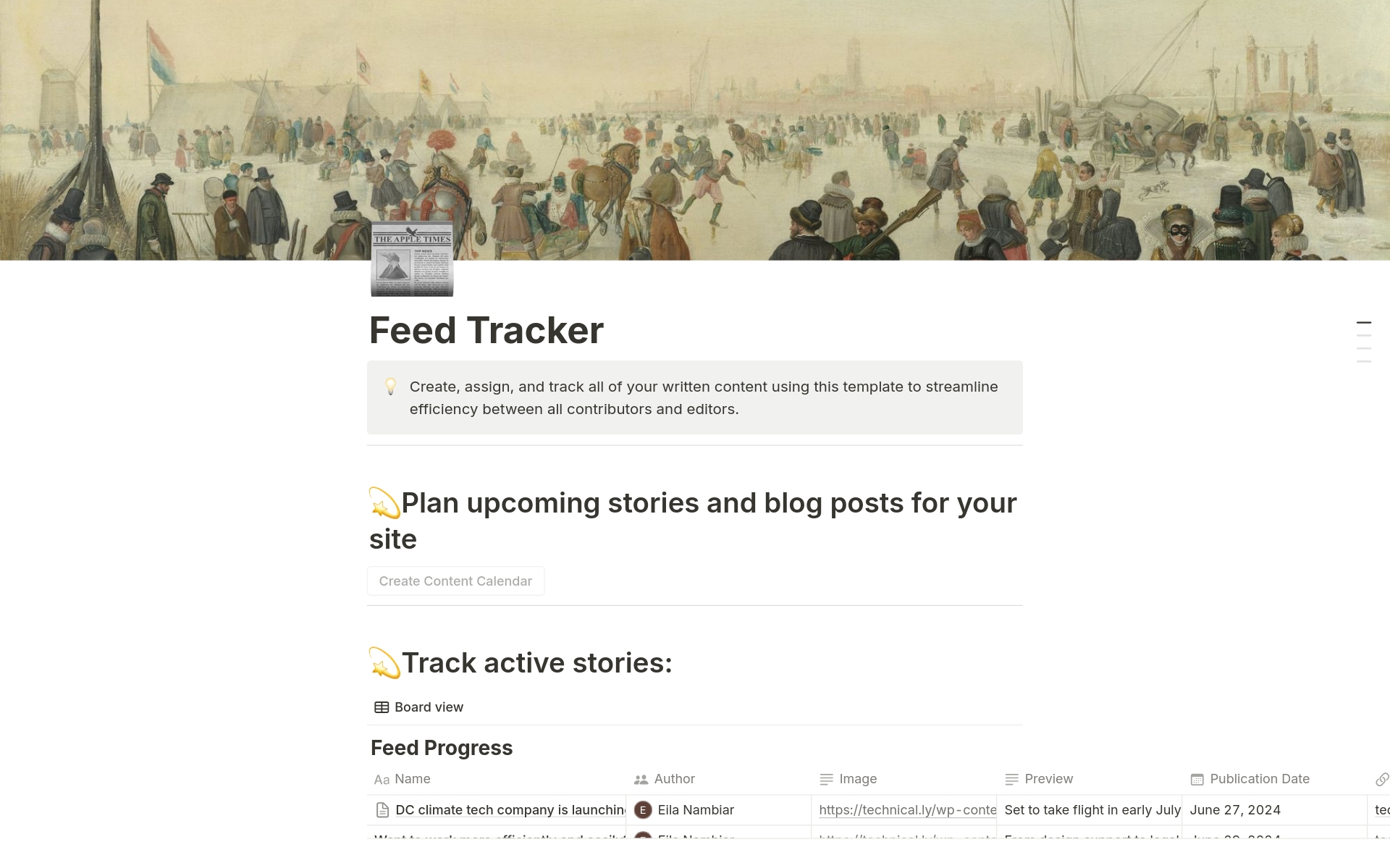 A template preview for Feed Tracker