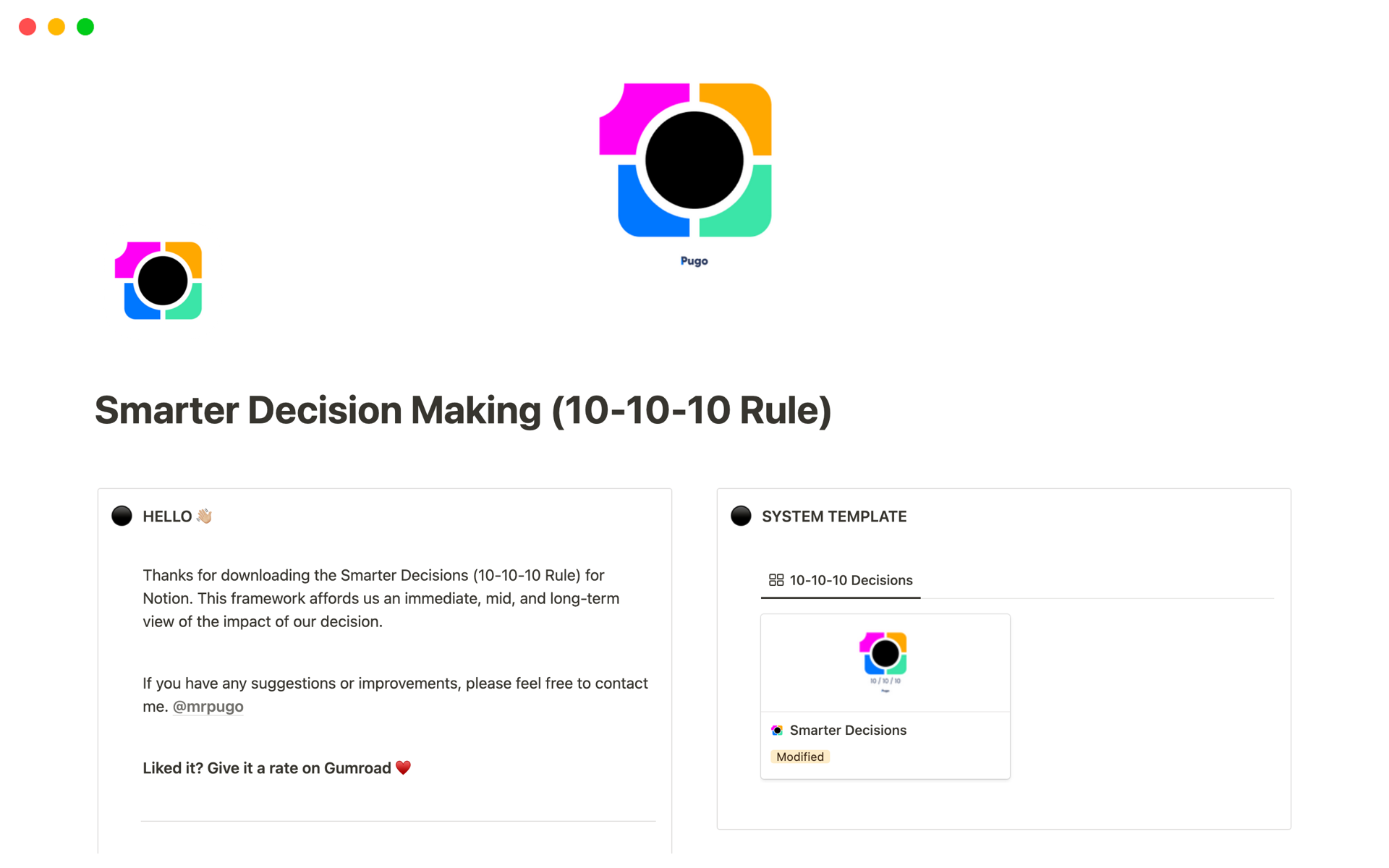 Vista previa de una plantilla para Smarter Decision Making (10-10-10 Rule)