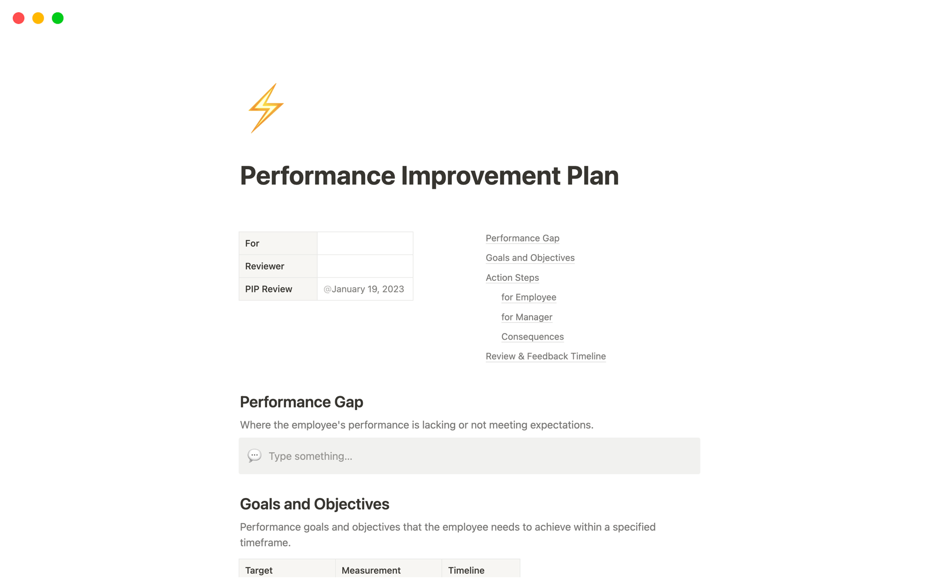 En forhåndsvisning av mal for Performance Improvement Plan