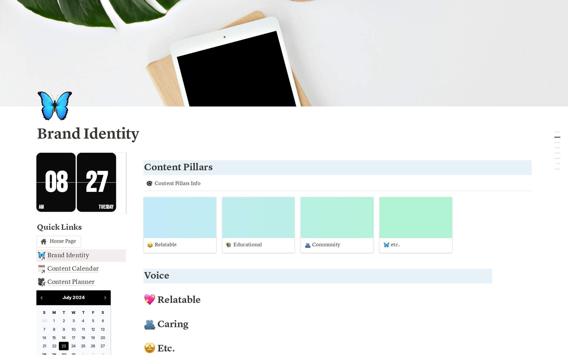 Elevate your content creation with my customizable Notion Template designed for social media managers, small businesses, and content creators. Track video ideas, plan your content calendar, manage brand identity, and streamline your workflow from ideation to publication. 