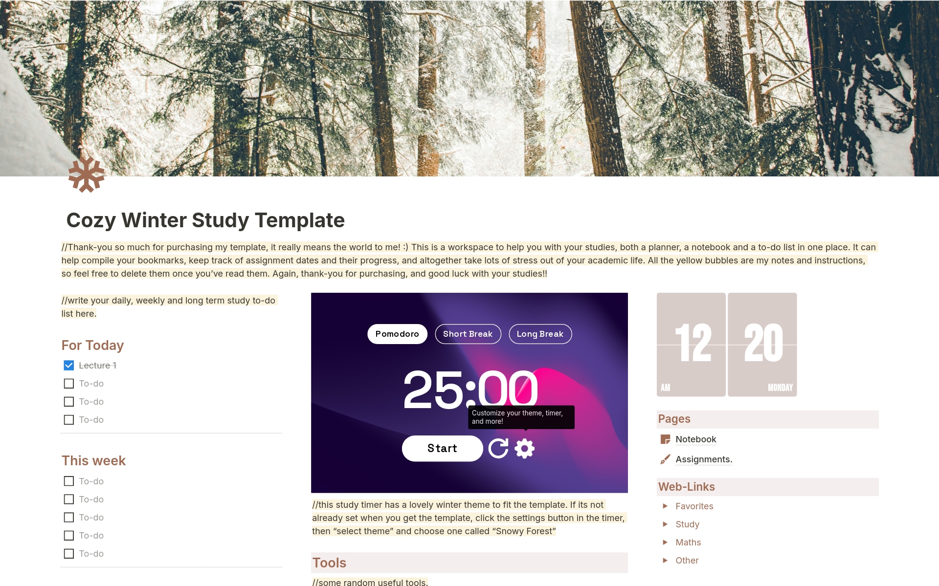 En förhandsgranskning av mallen för Cozy Winter Study Planner