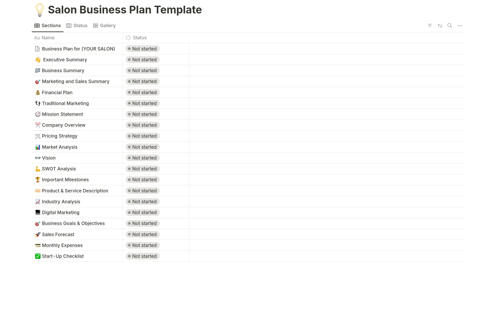 A fully customizable and comprehensive template to help you build the ultimate business plan for your salon. This comes with the essential checklist with close to 100 items that you will need to build into your budget when completing your business plan.