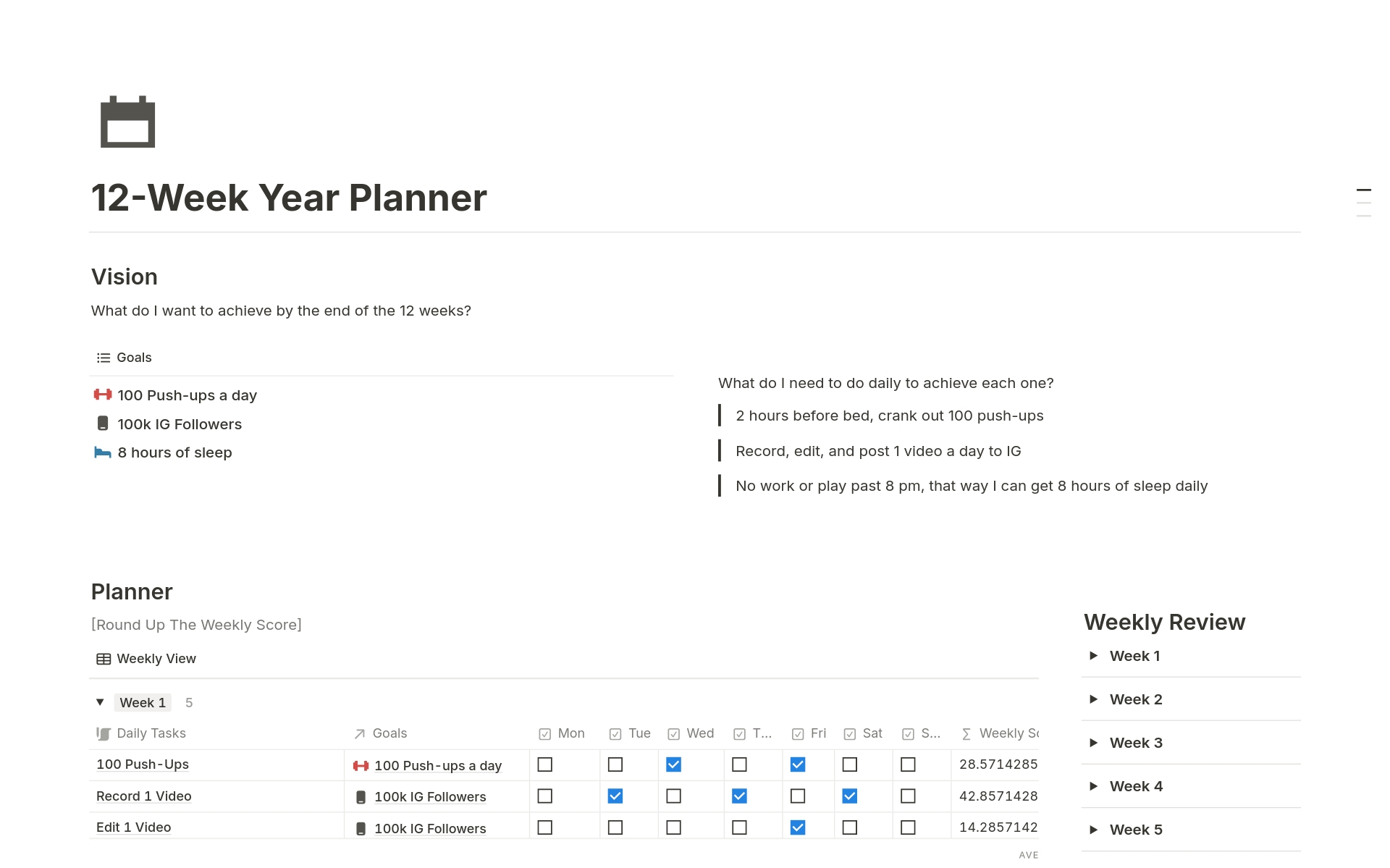 I got tired of all the bloated 12-week year planners so I made this. A user-friendly and efficient template to help me achieve my goals and track my progress towards a successful 12-week Year.