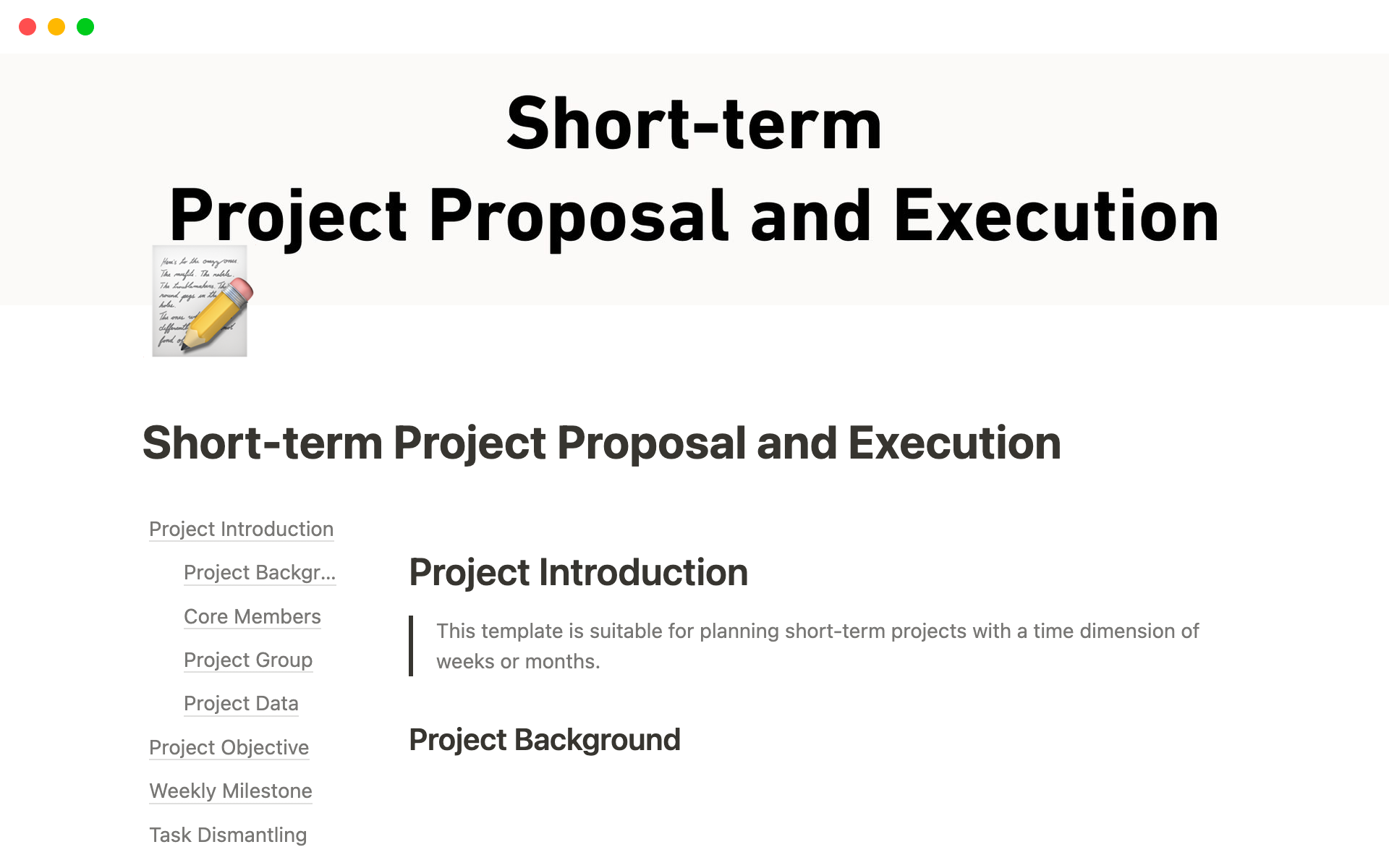 En forhåndsvisning av mal for Short-term Project Proposal and Execution