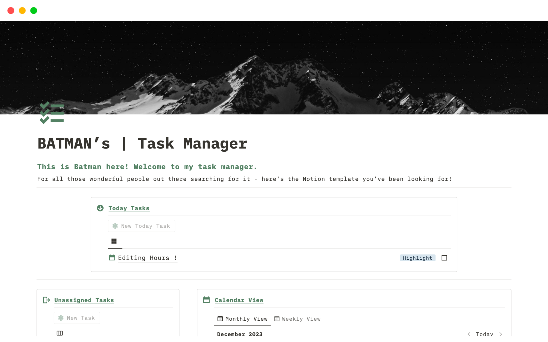 A template preview for BATMAN’s Task Manager