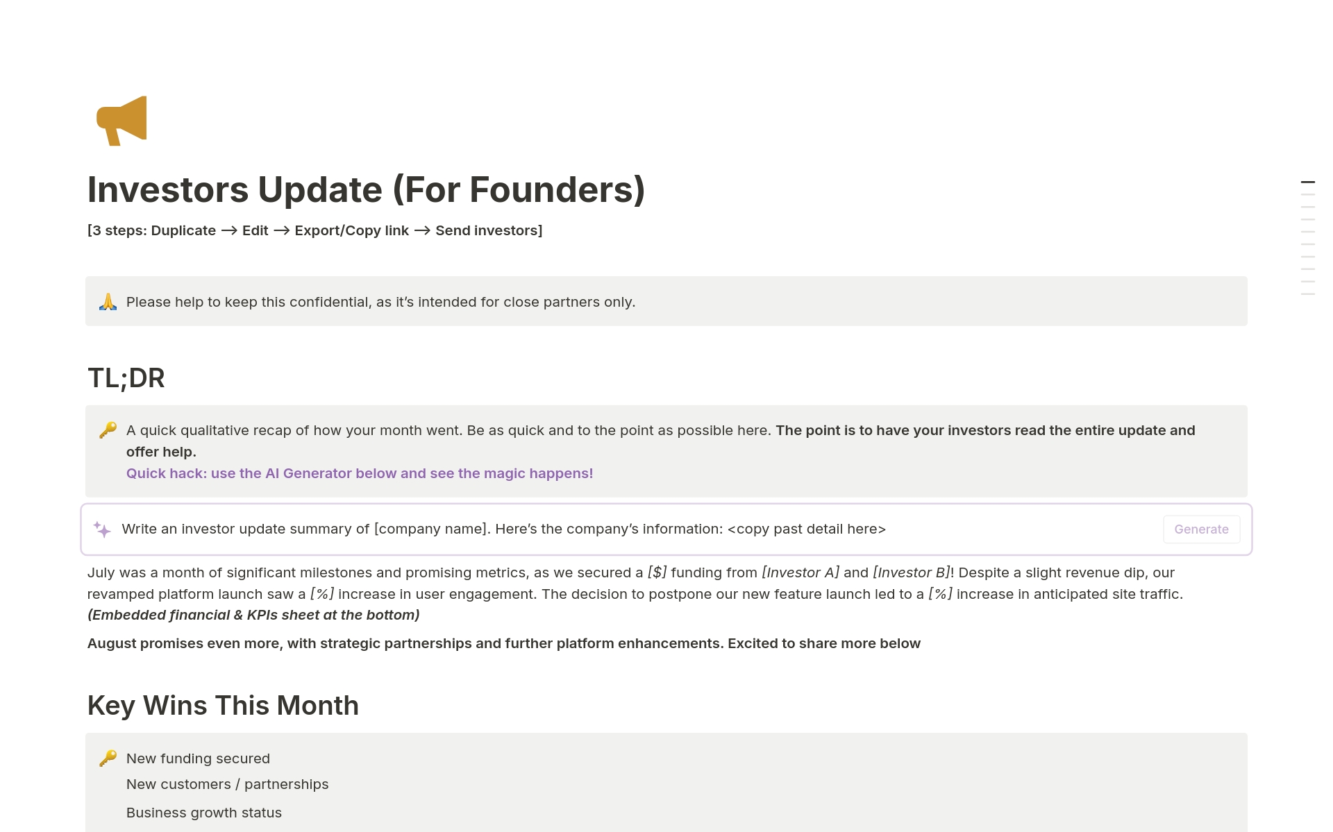 A template preview for Investors Update (For Founders)