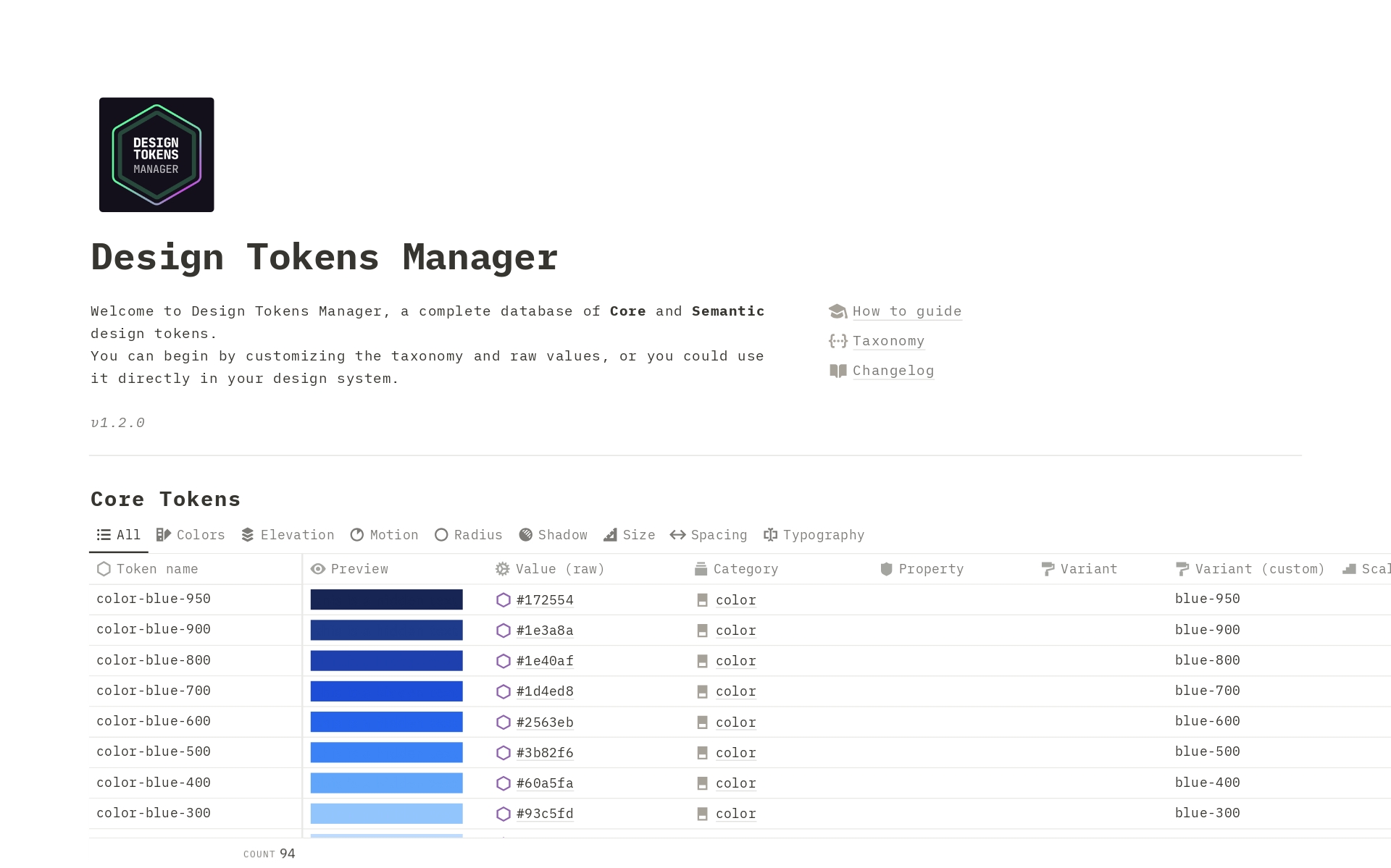 A template preview for Design Tokens Manager