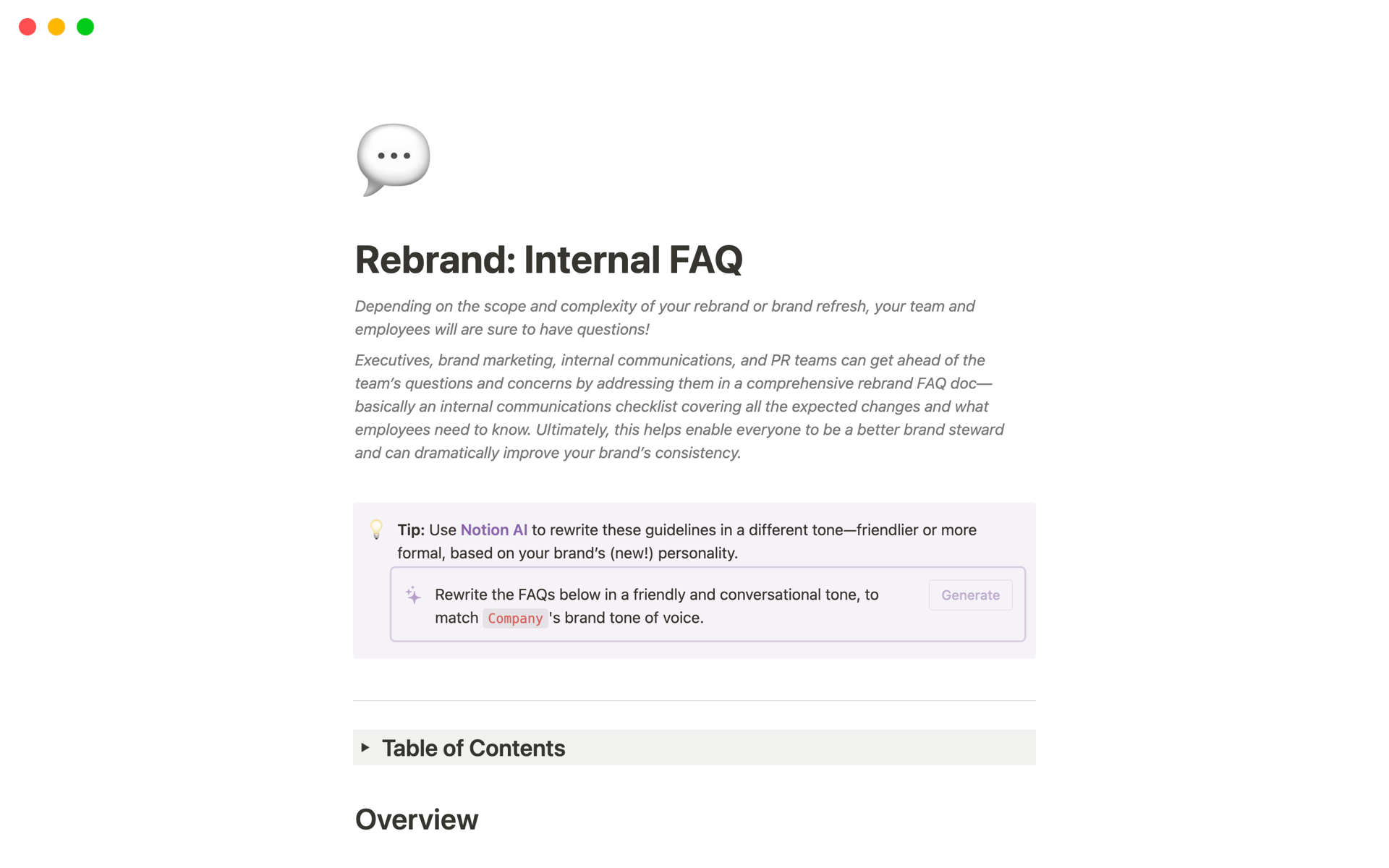 Eine Vorlagenvorschau für Rebrand: Internal FAQ