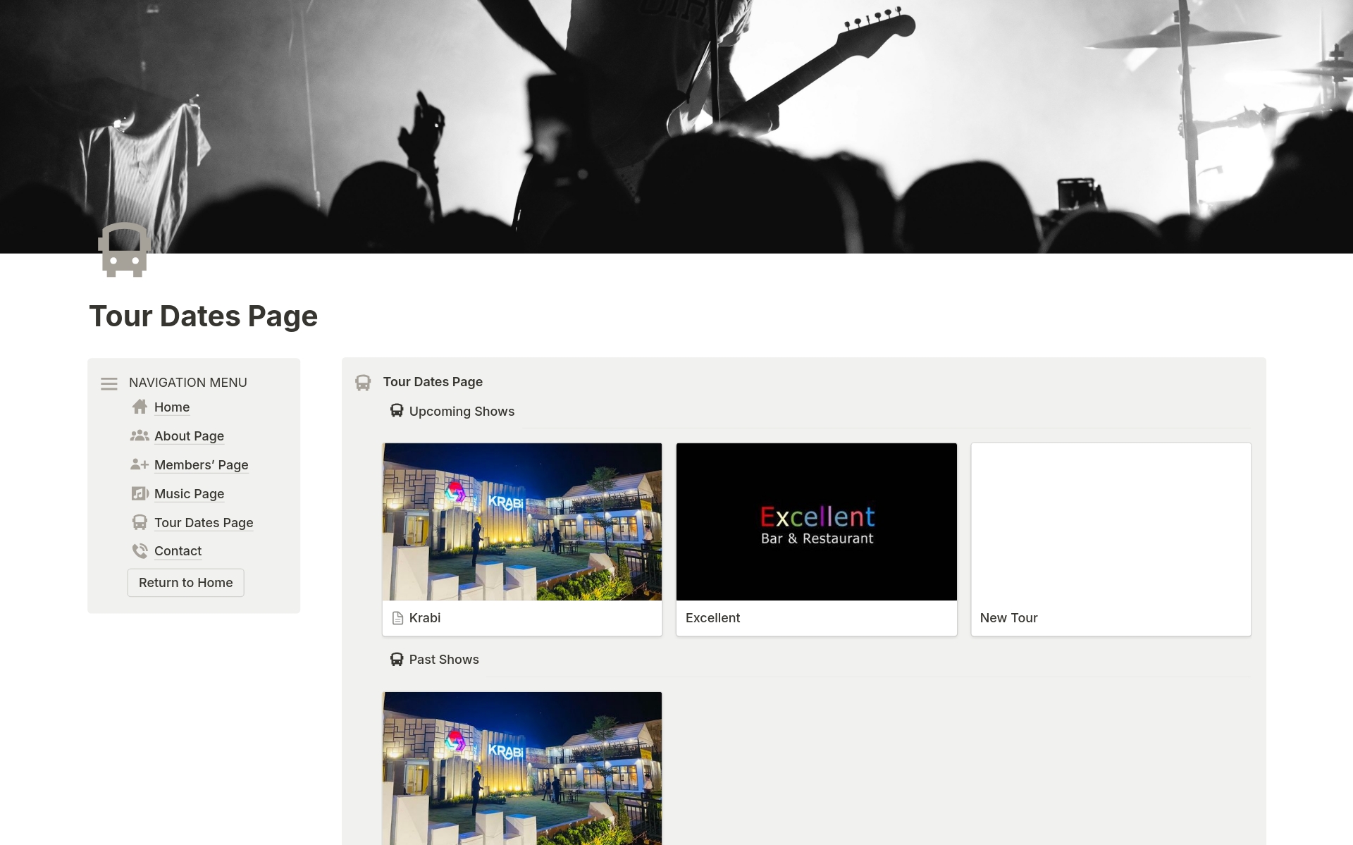 En förhandsgranskning av mallen för Musicians' Band Mini Website