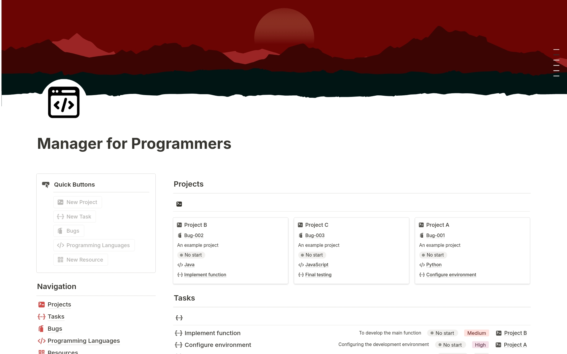 Organize your programming projects with this specialized template. Keep detailed track of your tasks, codes, and progress.