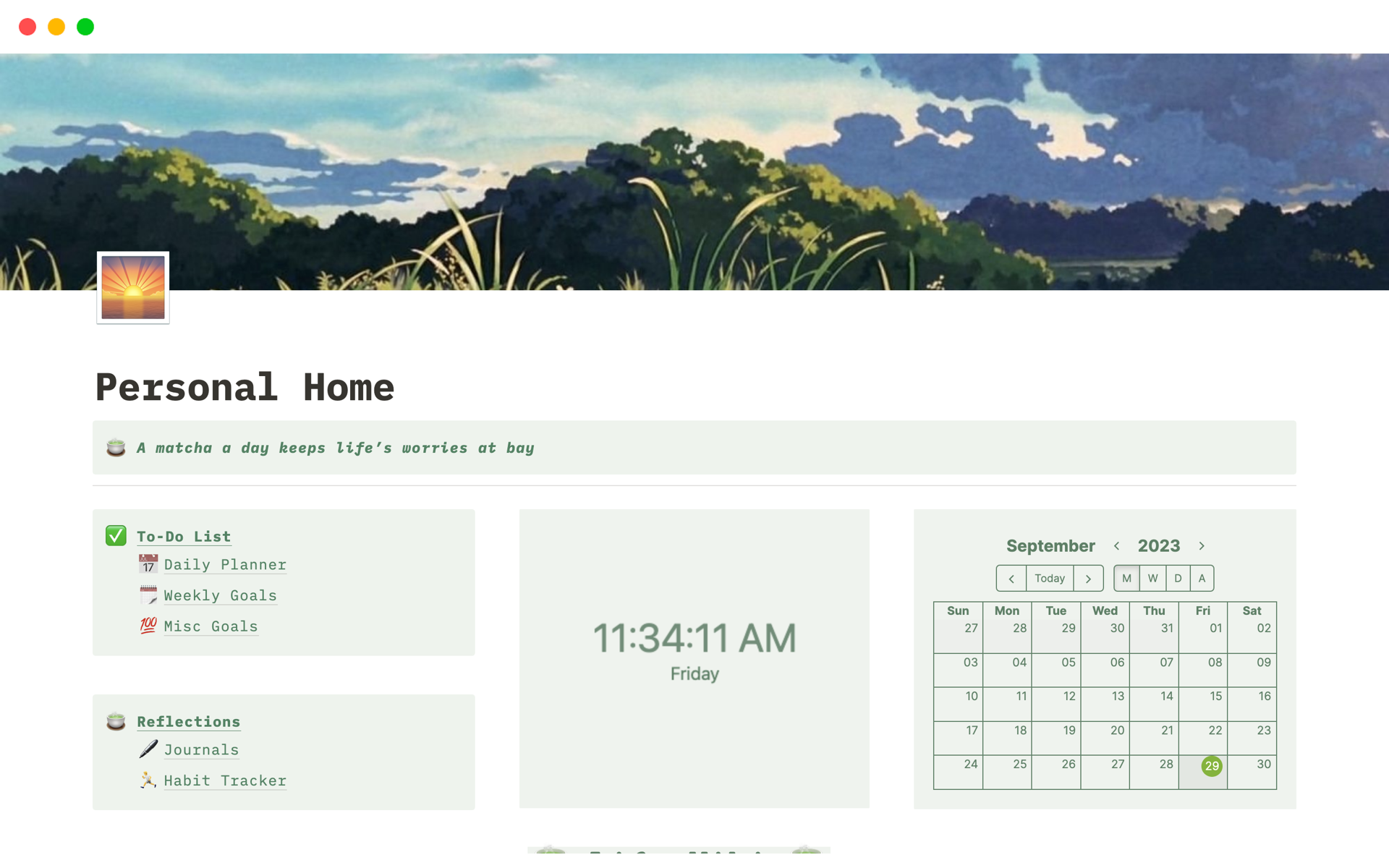 En forhåndsvisning av mal for Sunset Serenity Personal Home Dashboard